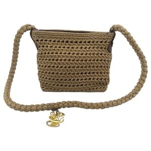 Luxy Crochet Woven Crossbody Bag Tan Gold Metallic Braided Strap Boho Y2K